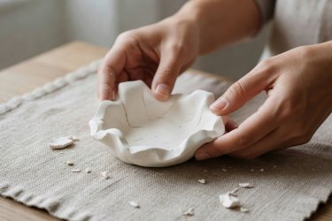 Pair of hands shaping an organic white air-dry clay trinket dish on a linen mat