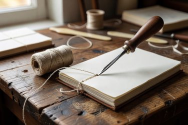 Bookbinding awl piercing signature pages with linen thread ready for coptic binding