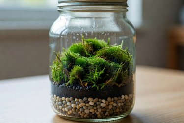 Clear glass pickle jar converted into a sealed terrarium with strata of pebbles, charcoal, and forest moss