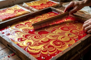 Shallow tray with swirling red and gold carrageenan marbling pigment being combed into patterns