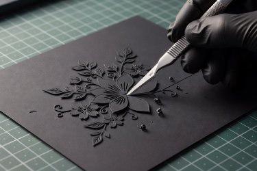 Precision craft scalpel blade cutting fine floral details into matte black card
