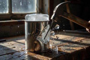 Steel soup tin filled with solid ice being pierced with hammer and nail on a wooden bench