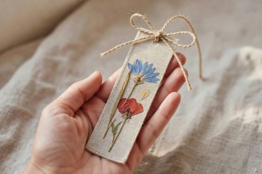 Hand holding a finished pressed wildflower bookmark tied with unbleached natural twine